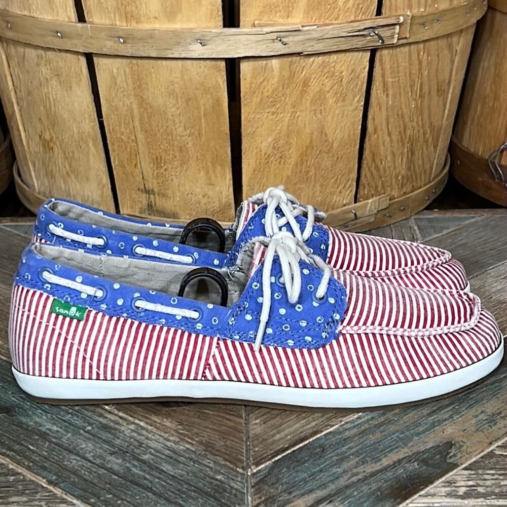 Sanuk Sailaway 2 Patriotic American Flag Canvas Lace-Up Boat Shoes Womens Size 8